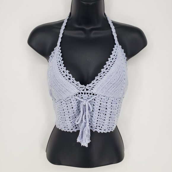Kendall & Kylie Tops - 3/$25 Kendall & Kylie Crochet Knit Cropped Halter Top L Boho Backless Ties Blue